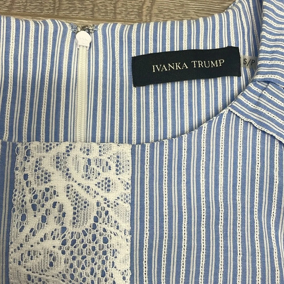 Ivanka Trump Blue and White Striped Short Flutter Sleeve Blouse Lace S - Picture 6 of 15